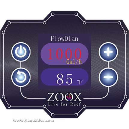 ZOOX FlowDian Flow Meter close-up of display showing water flow rate and temperature of aquarium water.