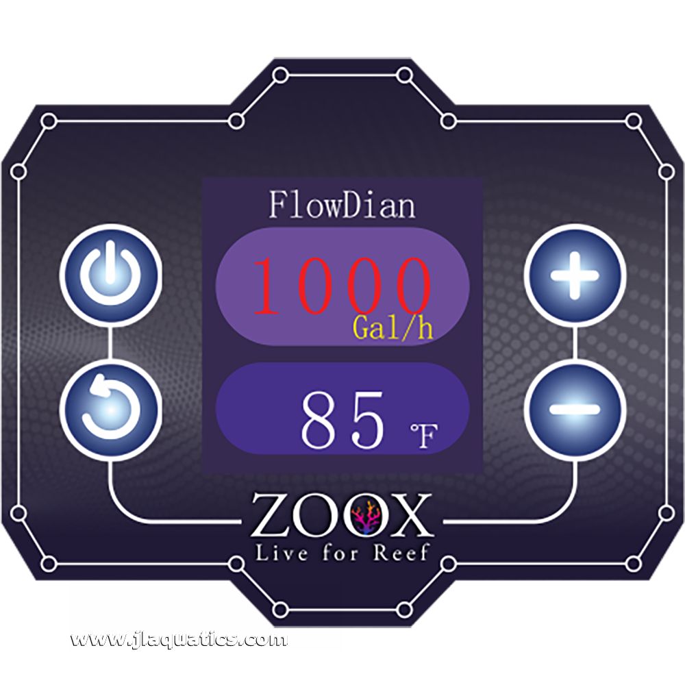 ZOOX FlowDian Flow Meter close-up of display showing water flow rate and temperature of aquarium water.